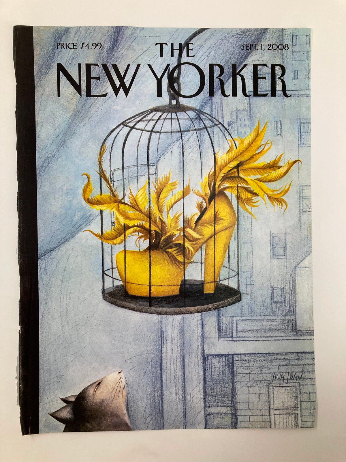 Cover of The New Yorker, September 1, 2008, titled 'Object of Desire' by Ana Juan, showcasing an artistic depiction of a birdcage with a yellow shoe and elegant background.