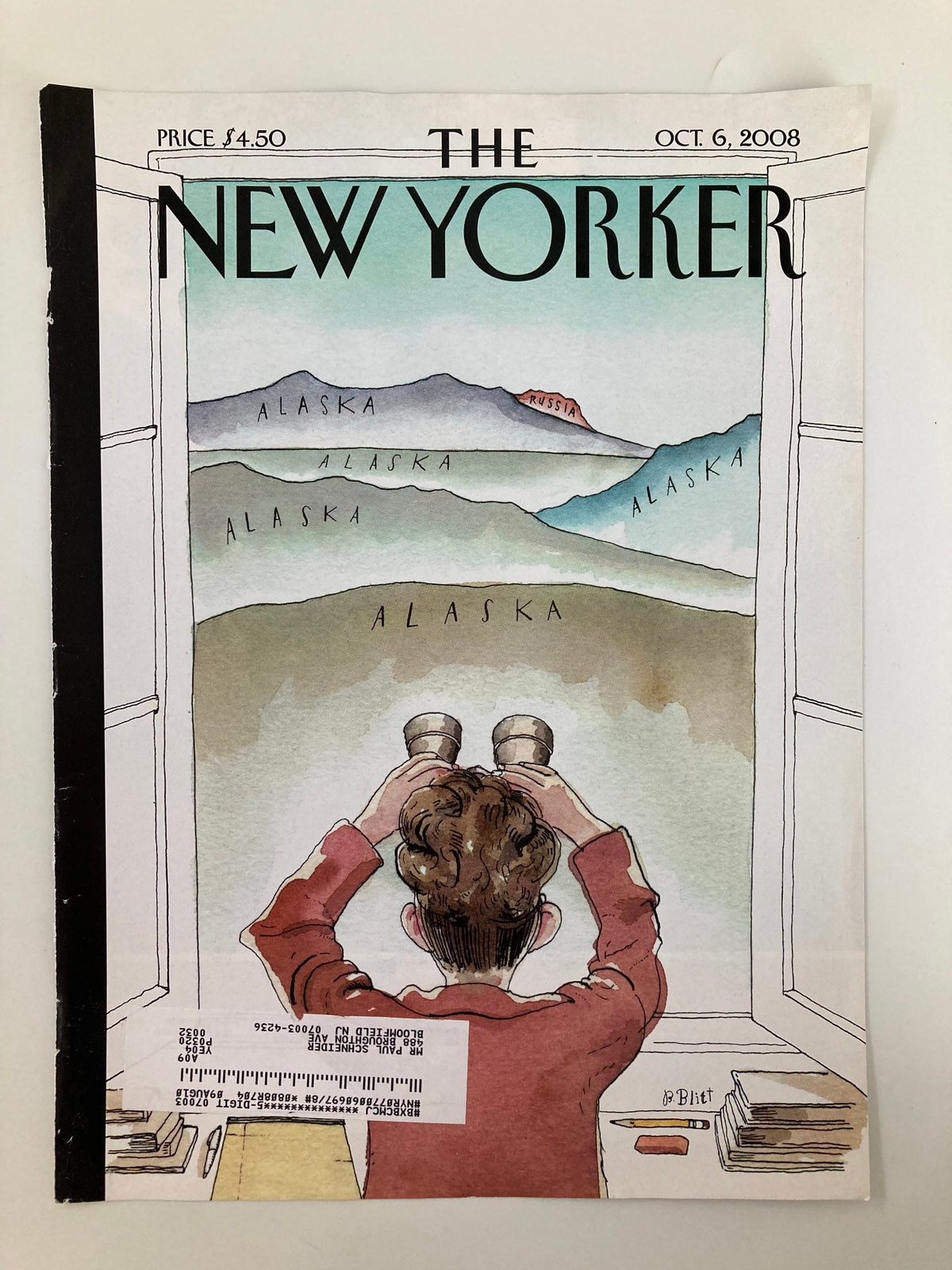 Cover of The New Yorker, October 6, 2008 titled 'A Room with a View' by Barry Blitt, depicting a man with binoculars looking out at a landscape marked 'Alaska'.