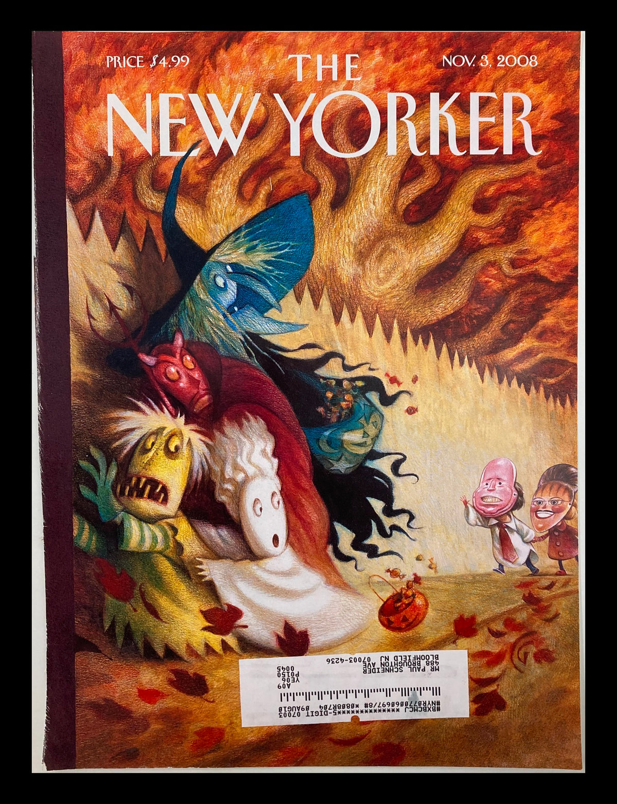 COVER ONLY The New Yorker November 3 2008 A Good Scare by Carter Goodrich, featuring whimsical and colorful illustrations of whimsical characters amidst a vibrant autumn backdrop.