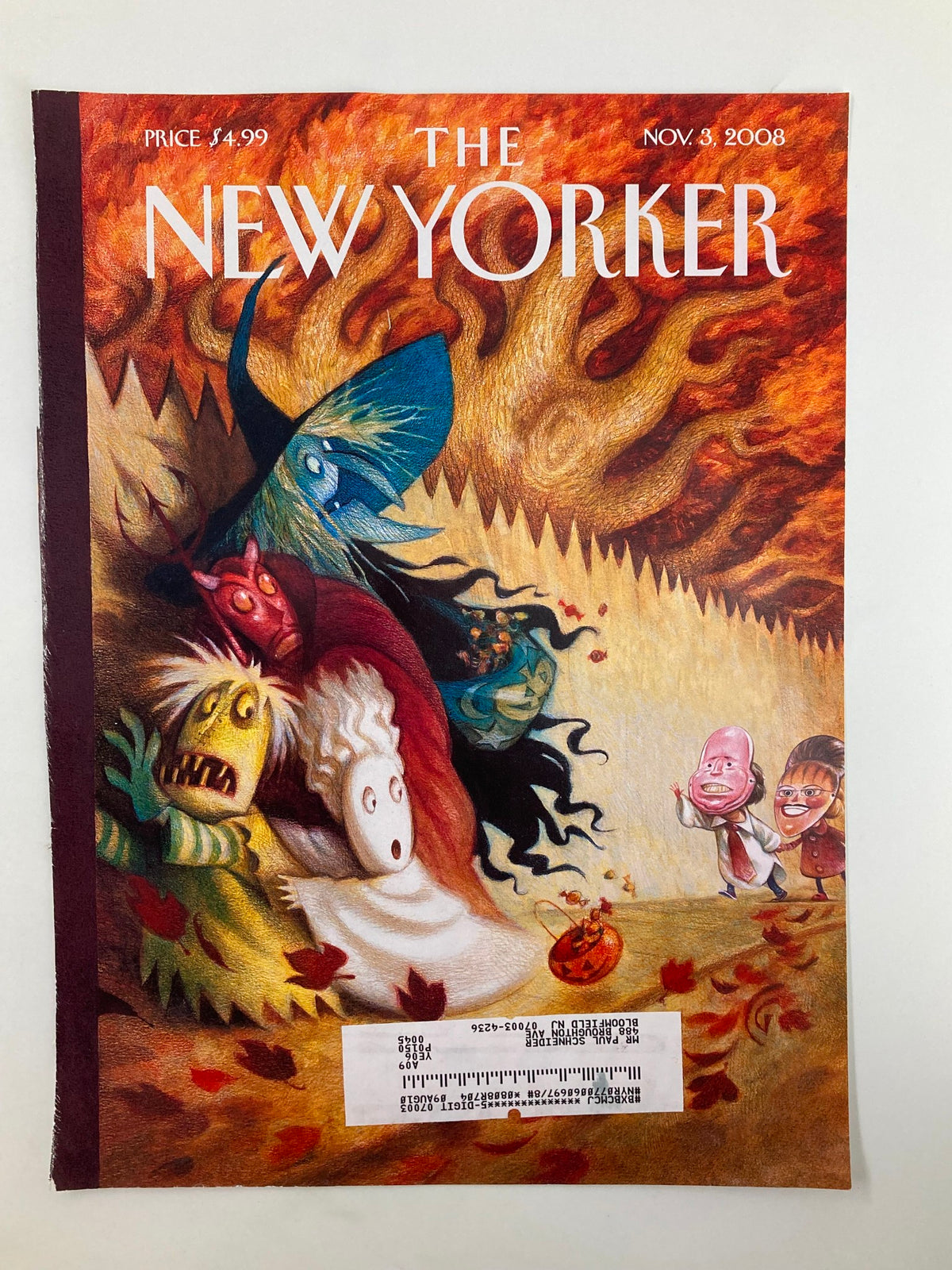 COVER ONLY The New Yorker November 3 2008 A Good Scare by Carter Goodrich, showcasing a unique magazine cover with imaginative illustrations of ghosts and ghouls in a vivid fall scene.