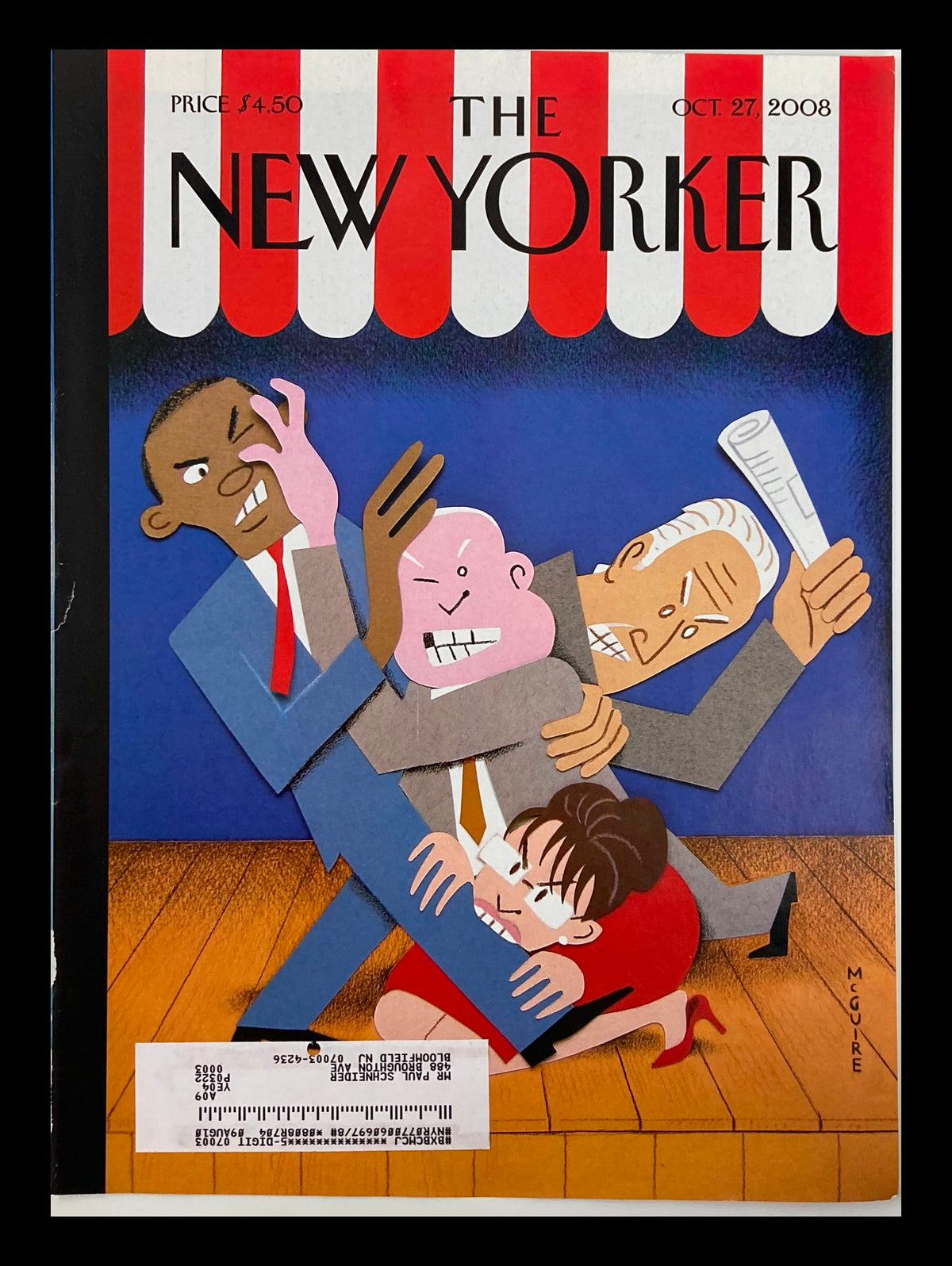 Cover of The New Yorker dated October 27, 2008 featuring the illustration 'With Dignity' by Richard McGuire depicting a dramatic scene of conflict.