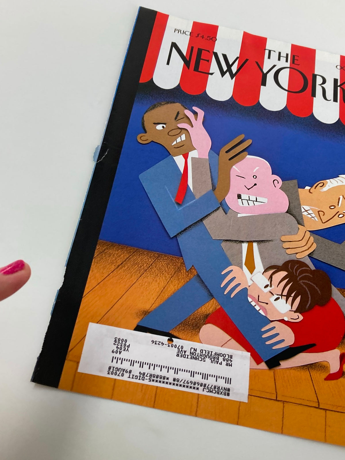 The New Yorker cover dated October 27, 2008 illustrating 'With Dignity' by Richard McGuire, highlighting characters in an intense situation.