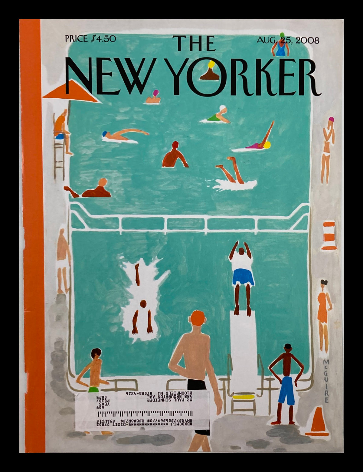 Cover of The New Yorker magazine from August 25, 2008, titled 'Swim, Swum & Swam' by Richard McGuire. The artwork features a vibrant swimming pool scene with figures swimming and lounging around the pool area.