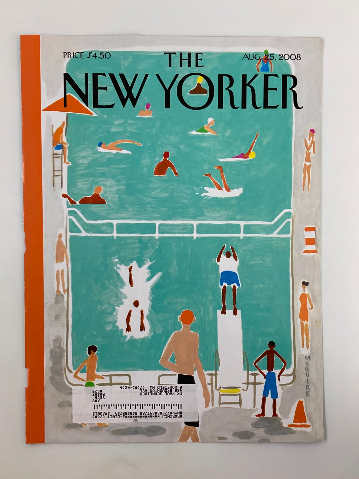Another view of the cover of The New Yorker magazine dated August 25, 2008, titled 'Swim, Swum & Swam' by Richard McGuire. The illustration showcases a lively pool environment filled with swimmers and sunbathers.