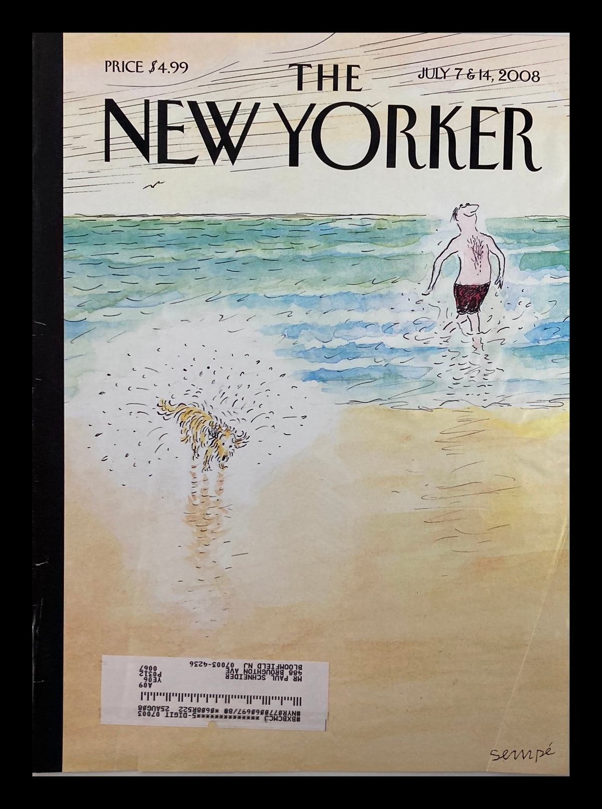 Cover of The New Yorker dated July 7 & 14, 2008, titled 'First Bath' by Jean-Jacques Sempe, featuring a man walking on a beach with a playful dog in the water.