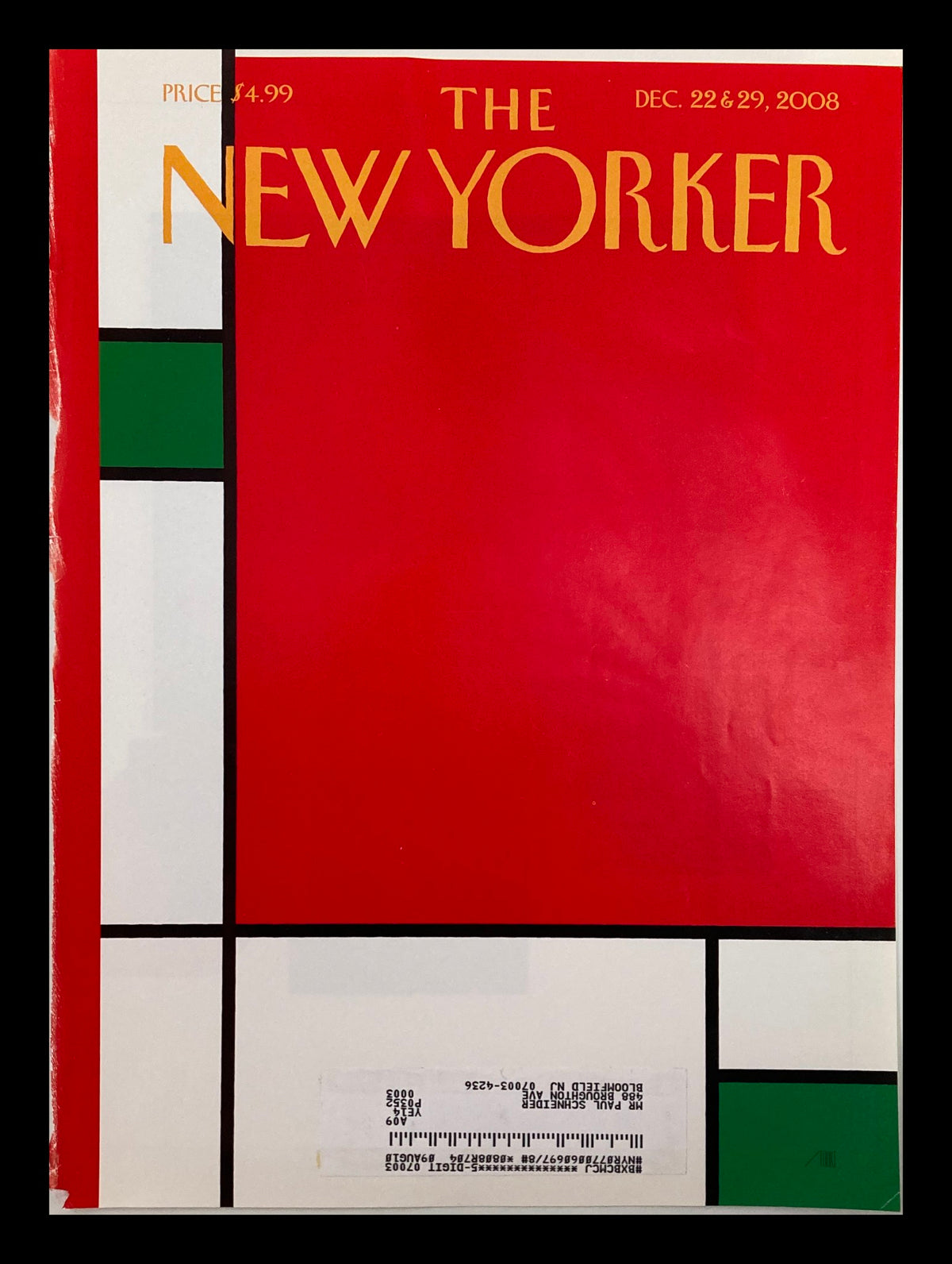 The New Yorker December 22 & 29, 2008 Christmas Box cover featuring vibrant red and playful geometric designs, iconic of Bob Staake's artwork.