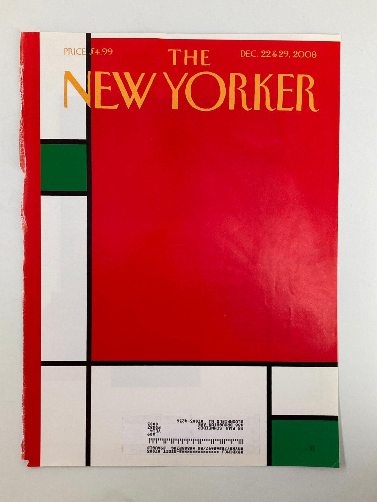 The New Yorker December 22 & 29, 2008 Christmas Box cover showcasing a festive red theme with green and white accents, artistically designed by Bob Staake.
