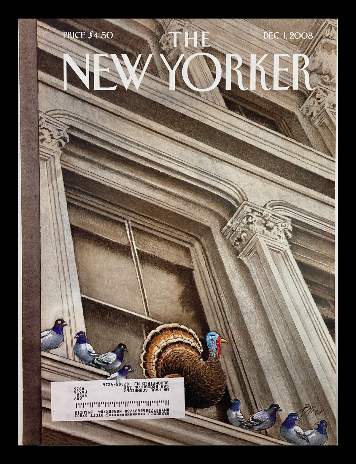 Cover of The New Yorker December 1, 2008, titled 'Turkey at Peace' by Harry Bliss, featuring a whimsical turkey illustration amidst pigeons with a classic architectural backdrop.