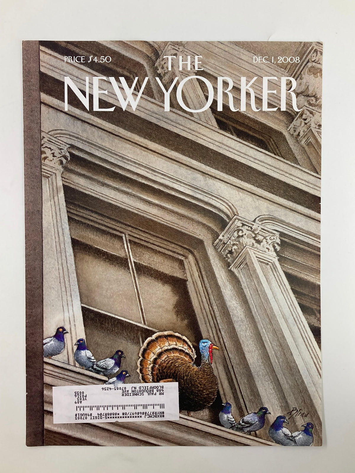 Cover of The New Yorker December 1, 2008, titled 'Turkey at Peace' by Harry Bliss, showcasing a charming turkey surrounded by pigeons against a detailed building facade.