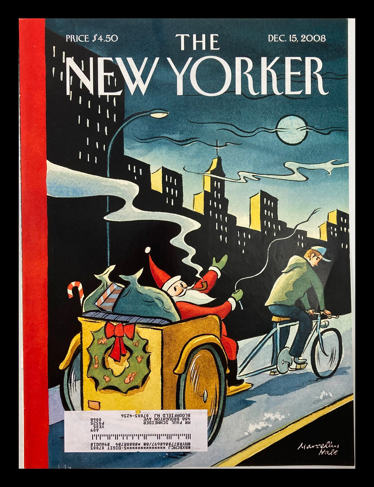 COVER ONLY The New Yorker December 15 2008 featuring Green Christmas artwork by Marcelius Hall, depicting a festive scene with a Santa figure and a cyclist against a city backdrop.