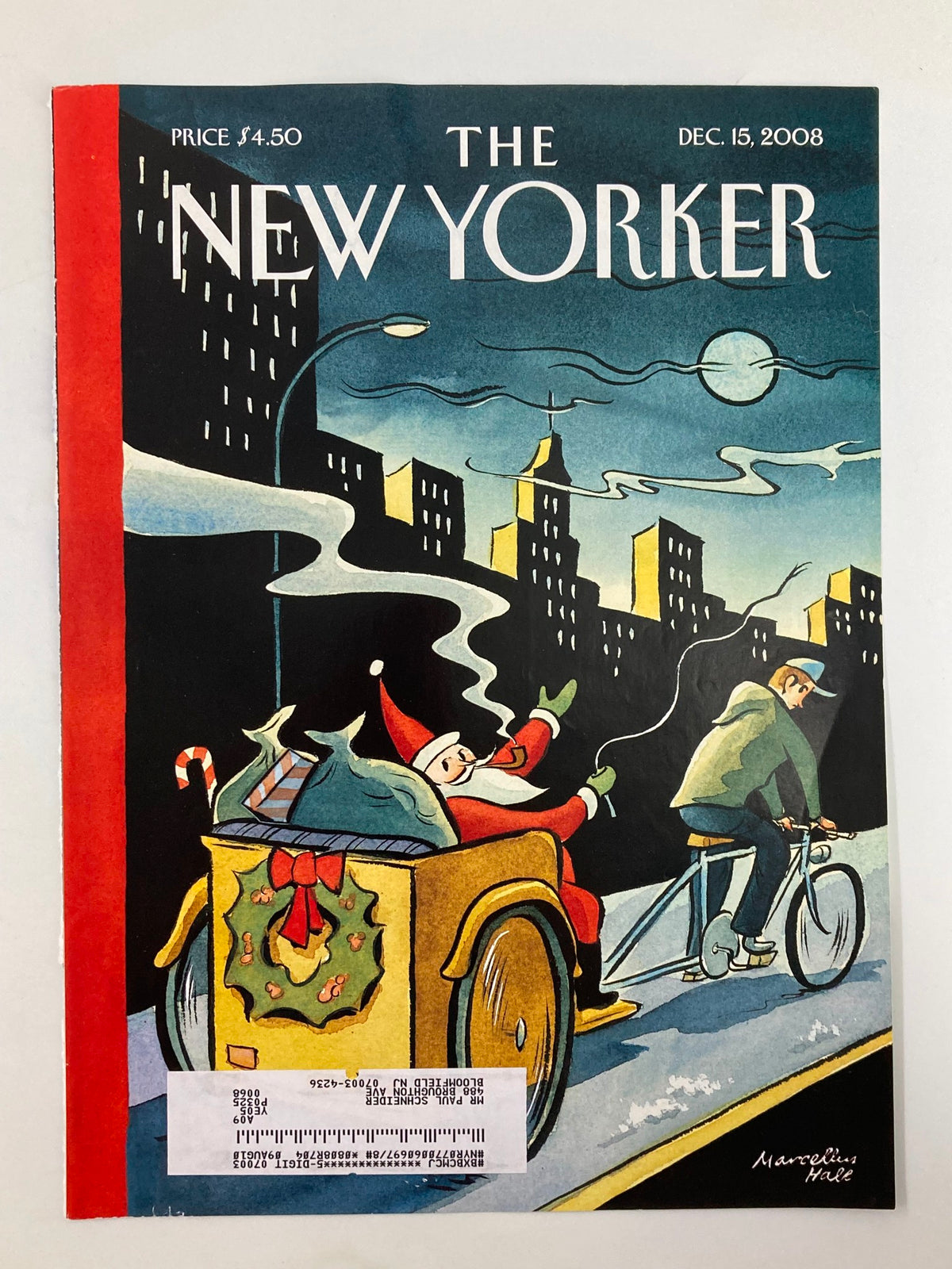 COVER ONLY The New Yorker December 15 2008 featuring the artistic cover design "Green Christmas" by Marcelius Hall, depicting a festive scene with characters and a city backdrop.