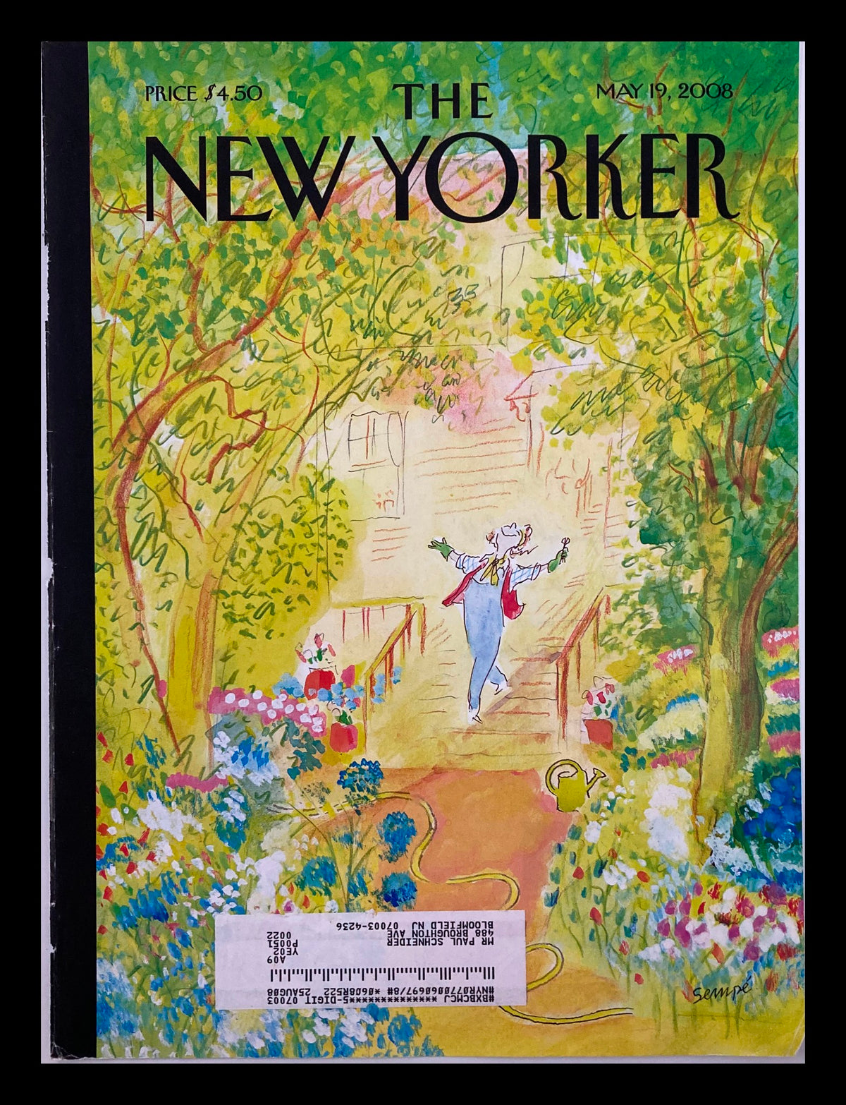 Cover of The New Yorker magazine dated May 19, 2008, featuring a vibrant springtime illustration by Jean Jacques Sempe, showcasing a scene filled with lush greenery and colorful flowers.