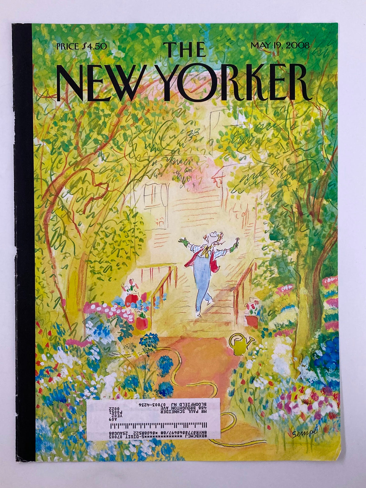 Cover of The New Yorker magazine dated May 19, 2008, depicting a lively springtime illustration by Jean Jacques Sempe, with a character amidst a picturesque garden filled with blooming flowers.