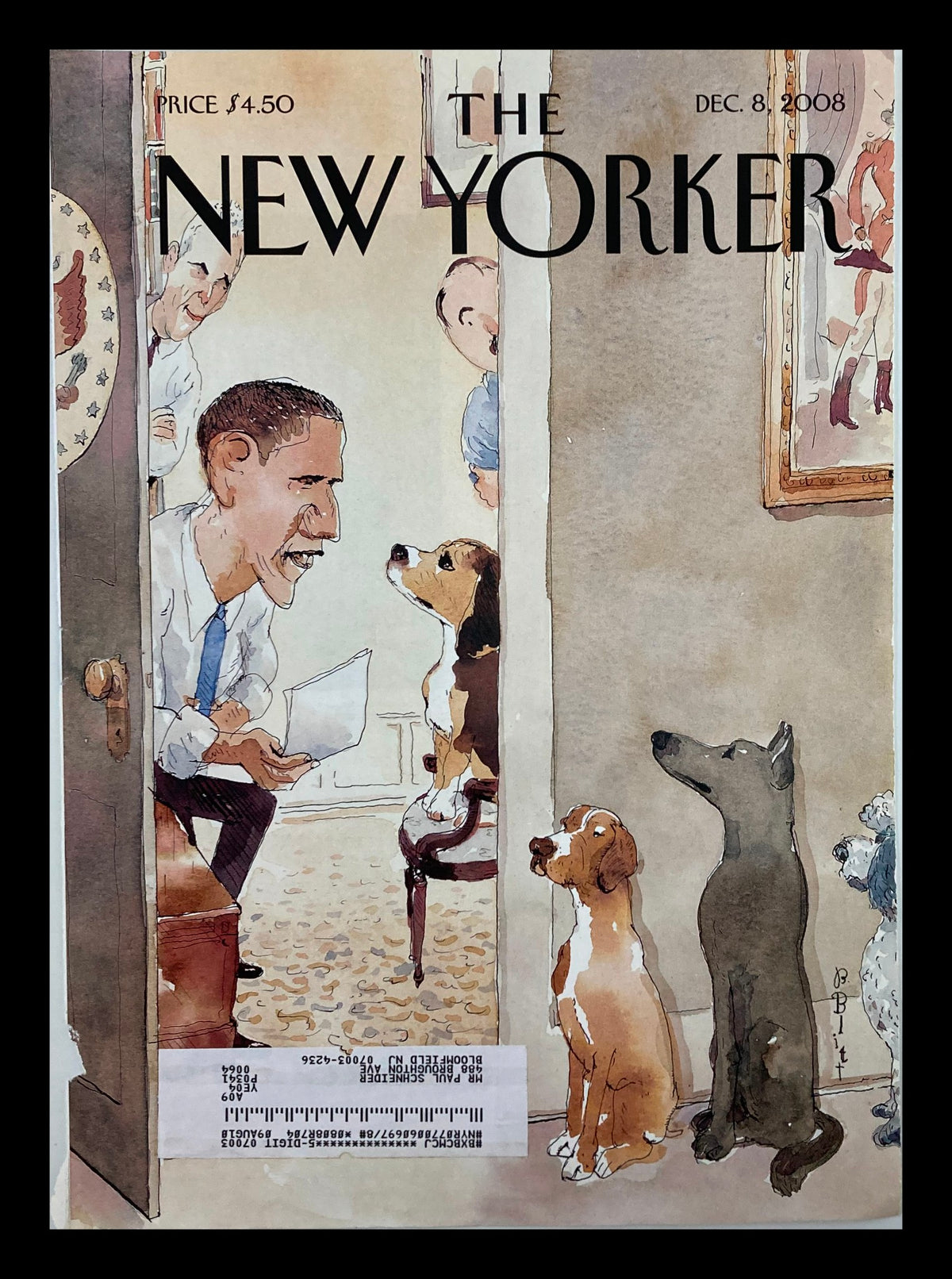 Cover of The New Yorker magazine dated December 8, 2008, featuring an illustration by Barry Blitt of Barack Obama interacting with dogs.