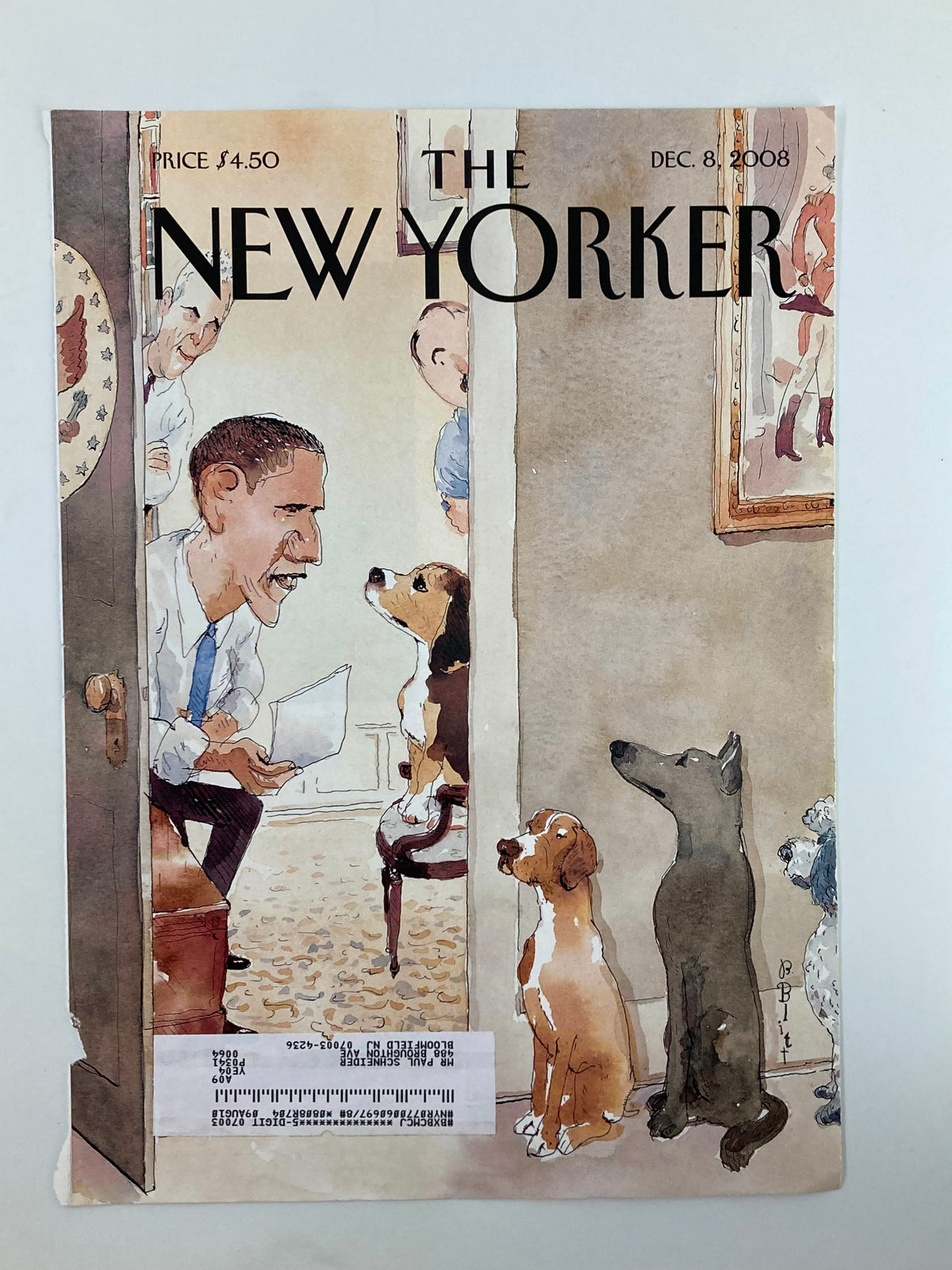 Cover of The New Yorker magazine dated December 8, 2008, showcasing a humorous illustration by Barry Blitt of Barack Obama and dogs.