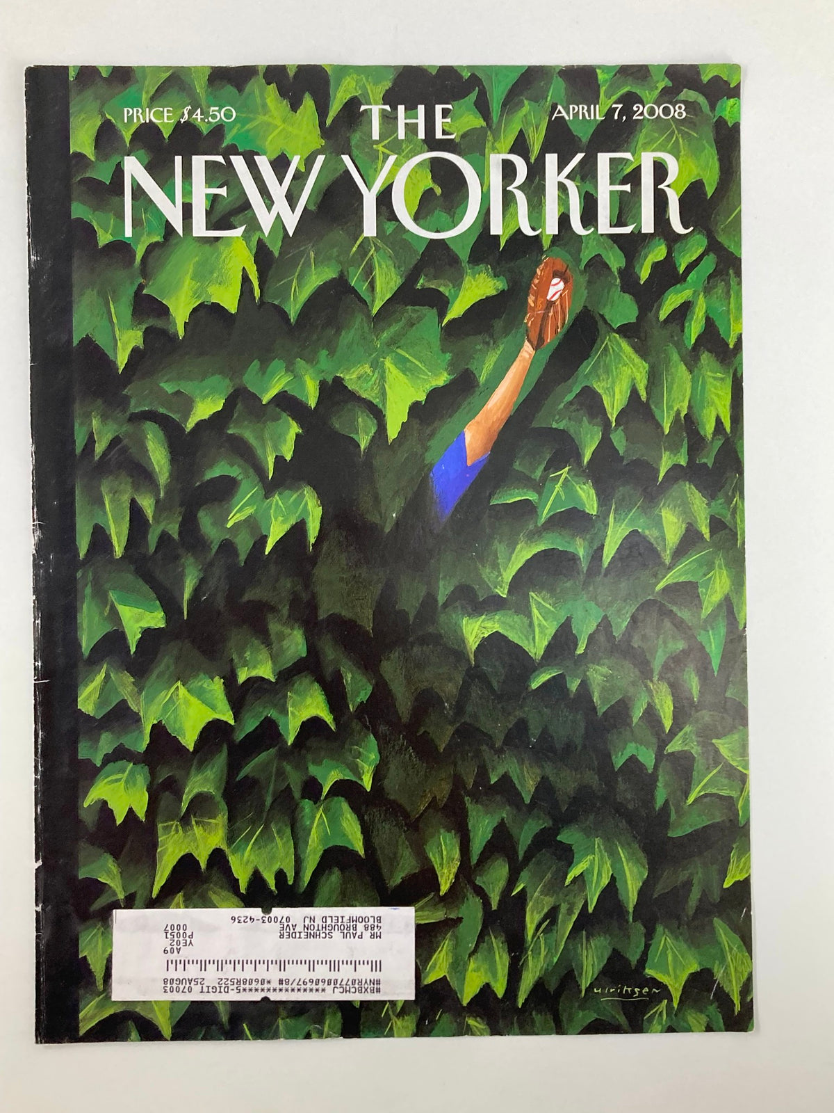 Cover of The New Yorker April 7, 2008, titled 'Lost and Found' by Mark Ulriksen, featuring vibrant green ivy leaves with a hand reaching out, perfect for collectors.