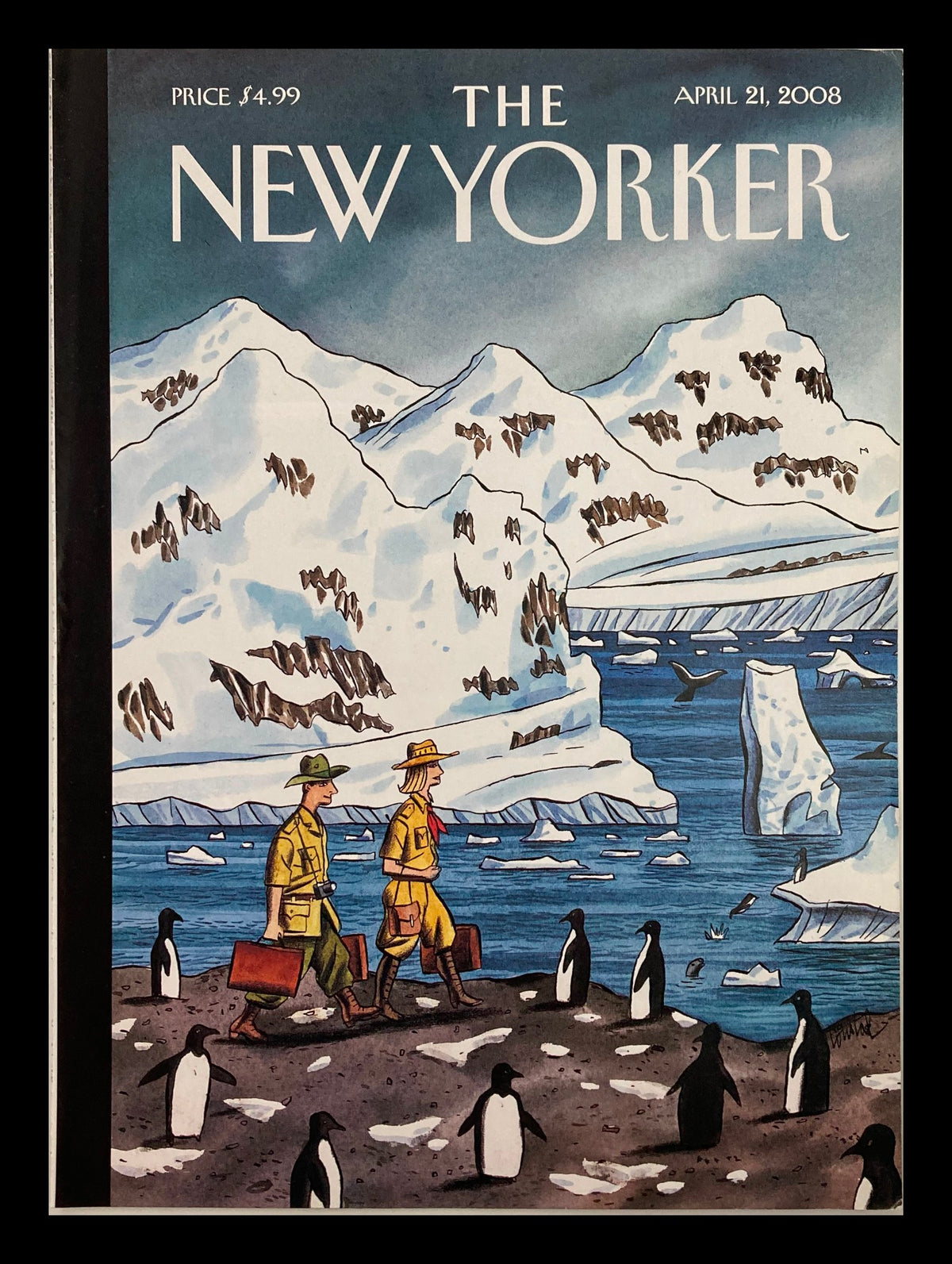 Cover of The New Yorker April 21, 2008 titled 'On the Move' by Jacques de Loustal, depicting two figures in yellow outfits walking by icy terrain and penguins.