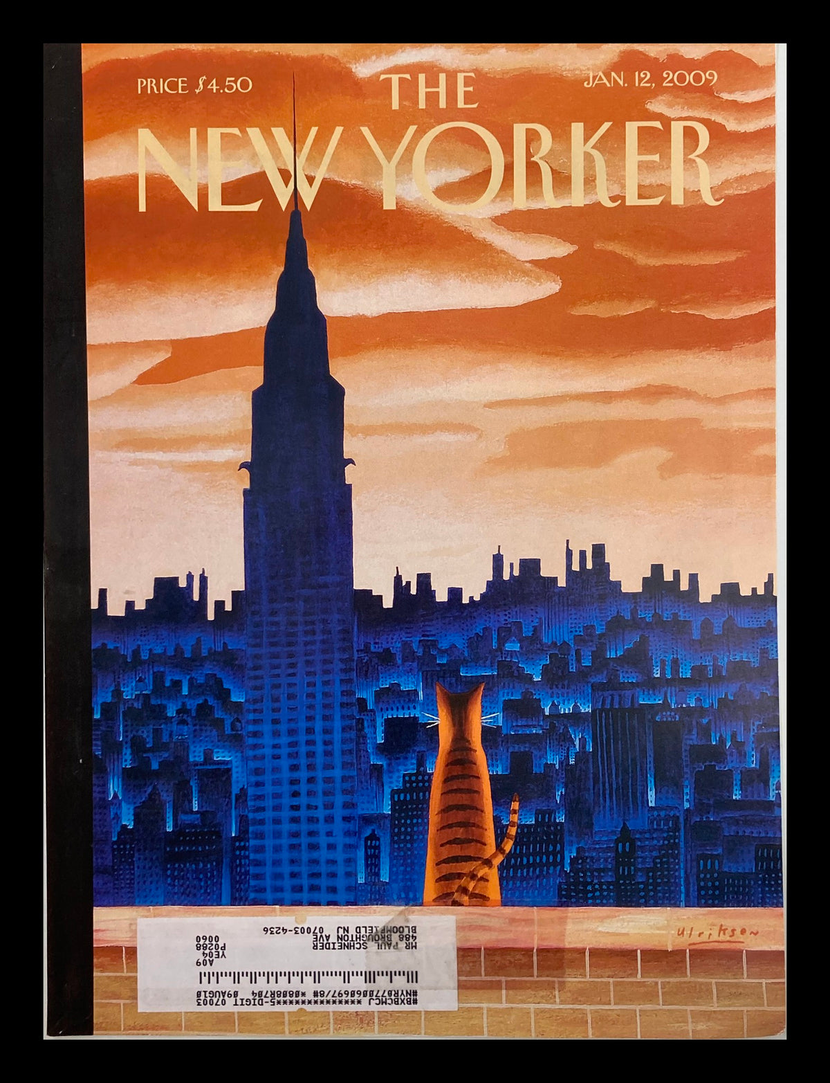 Cover of The New Yorker magazine from January 12, 2009, titled 'The High Life' by Mark Ulriksen, featuring a silhouette of the Empire State Building and a whimsical cat against a colorful evening skyline.