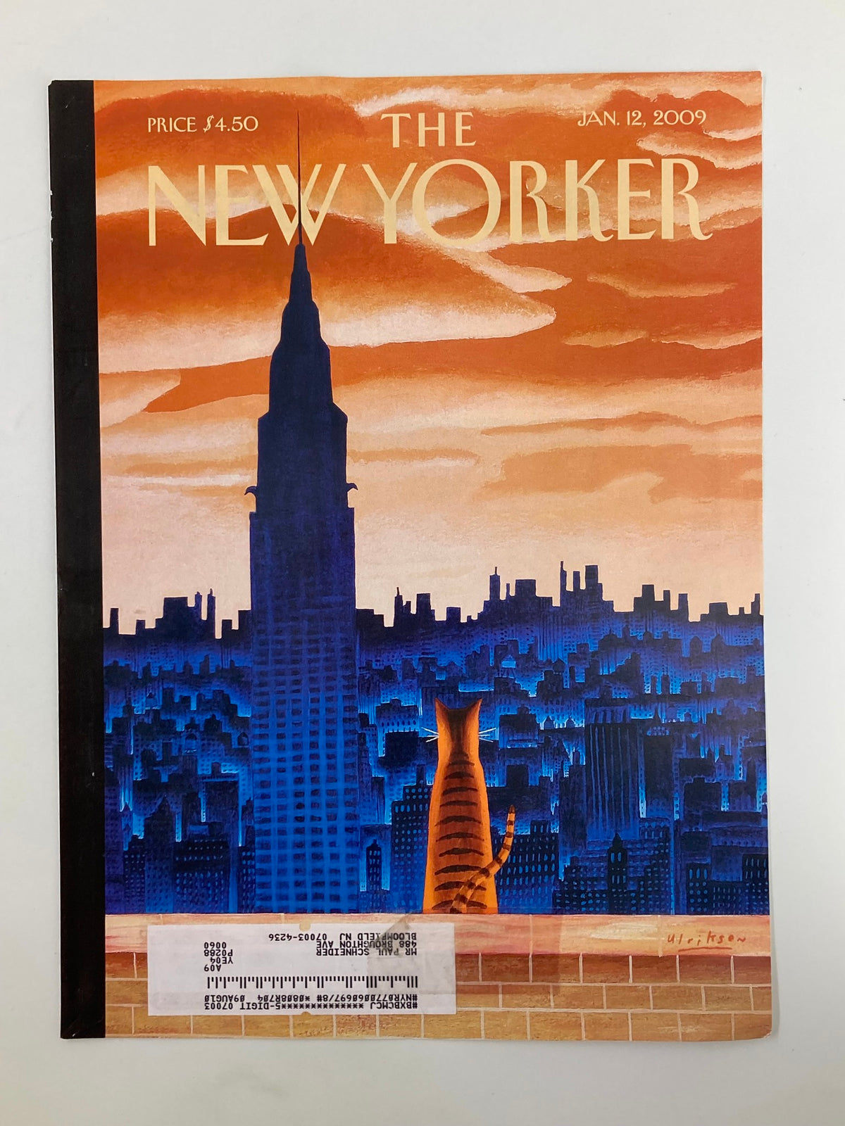 The New Yorker magazine cover dated January 12, 2009, displaying 'The High Life' artwork by Mark Ulriksen, showcasing a cat on a rooftop with the Empire State Building in a vibrant sunset cityscape.