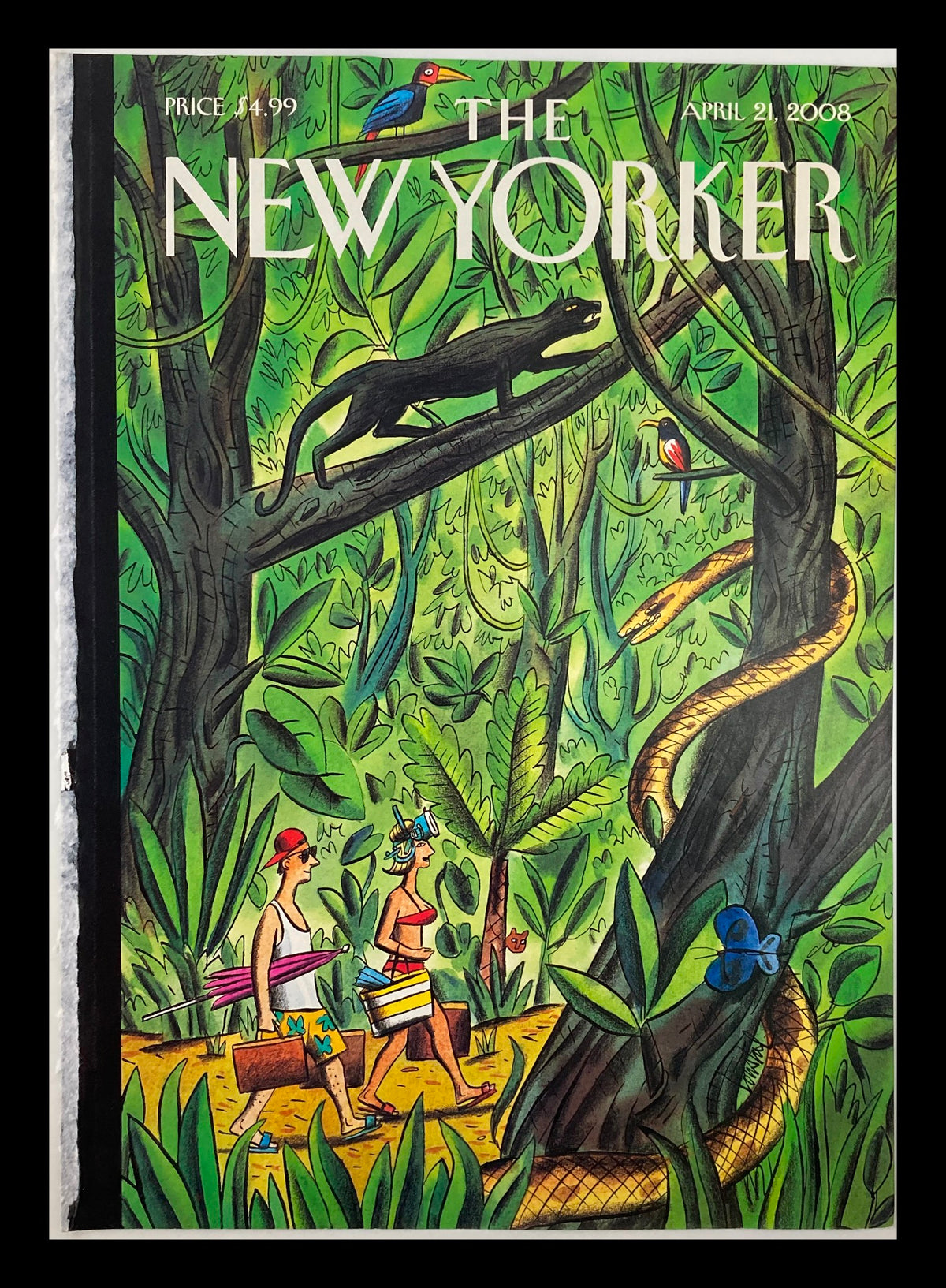Cover art of The New Yorker dated April 21, 2008, showcasing 'Tropical Vacation' by Jacques De Loustal, featuring vibrant illustrations of jungle scenery with figures and wildlife.