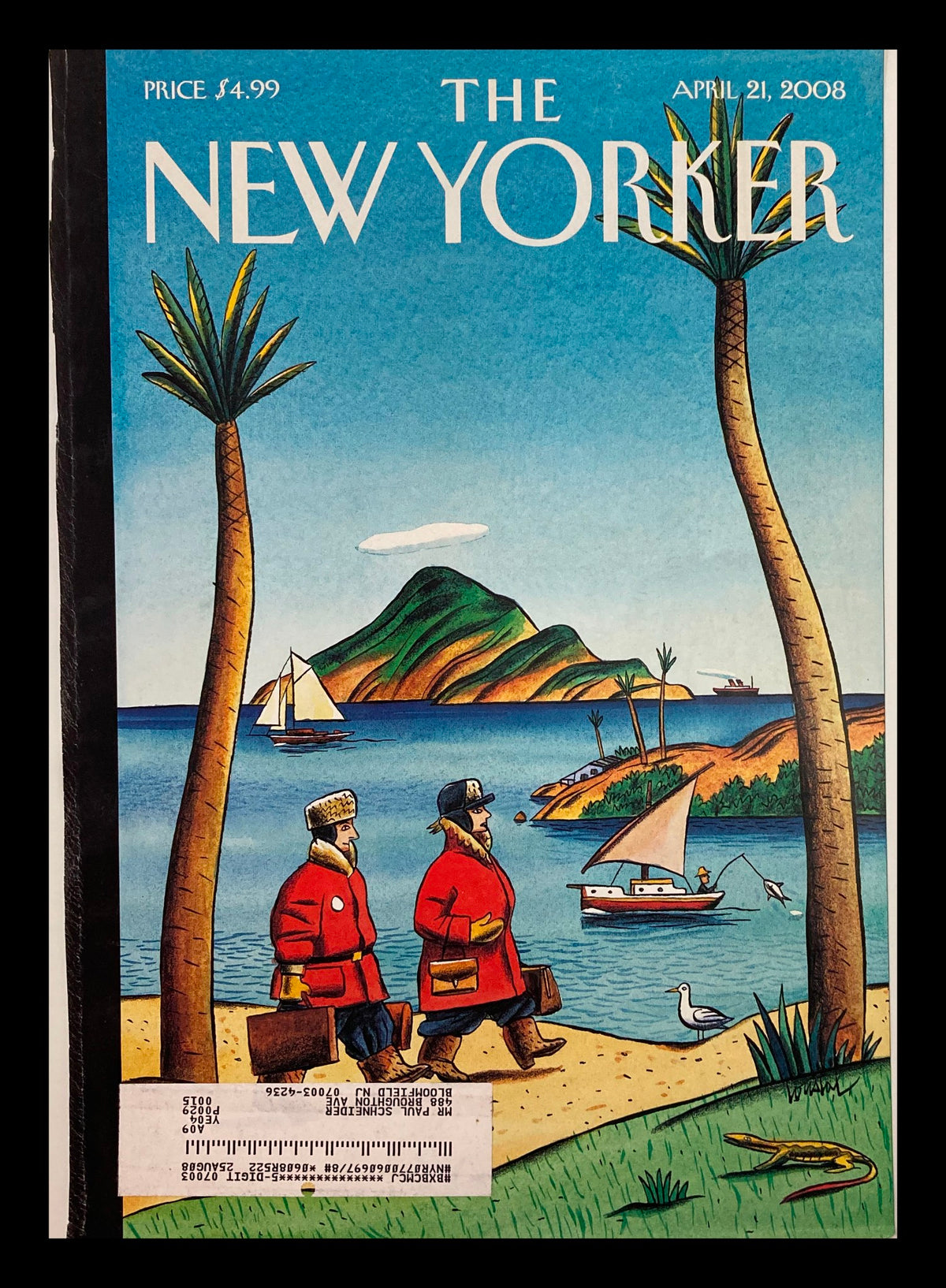 Cover of The New Yorker April 21, 2008 featuring On The Move theme by Jacques de Losutal, depicting two figures in winter coats by the seaside with palm trees and a boat.