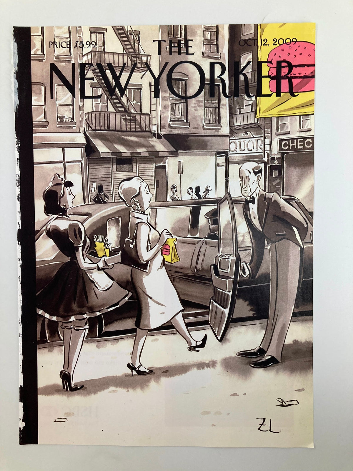 Cover of The New Yorker dated October 12, 2009, showcasing 'The Food Chain' illustration by Zohar Lazar, capturing a lively urban atmosphere with women holding food and a gentleman by a car.
