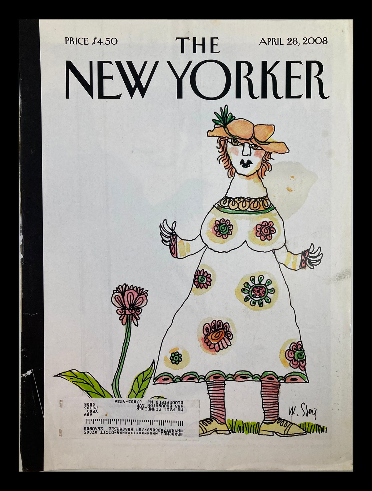 Cover of The New Yorker dated April 28, 2008, featuring the whimsical illustration 'Vernal Bliss' by William Steig, showcasing a character in a flower-adorned dress standing beside a flower.