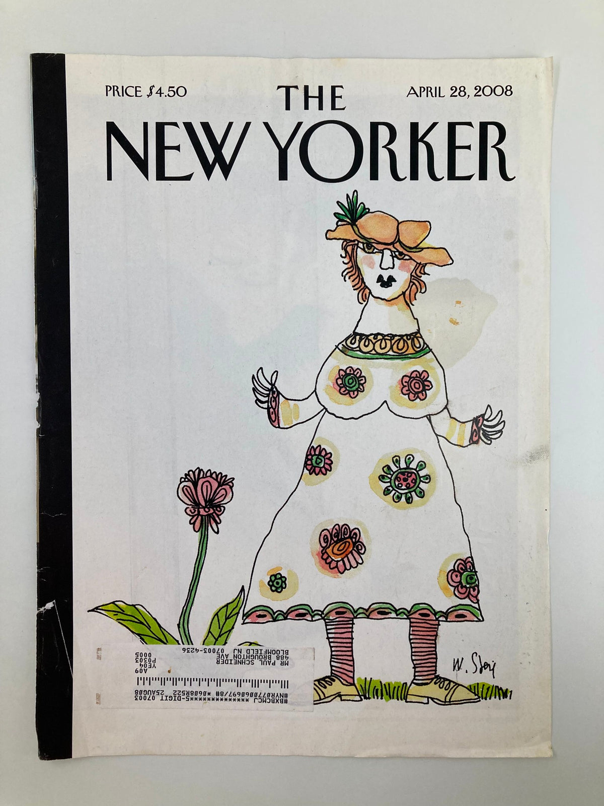 Cover of The New Yorker dated April 28, 2008, with the illustration 'Vernal Bliss' by William Steig, depicting a character in a decorative dress next to a colorful flower.