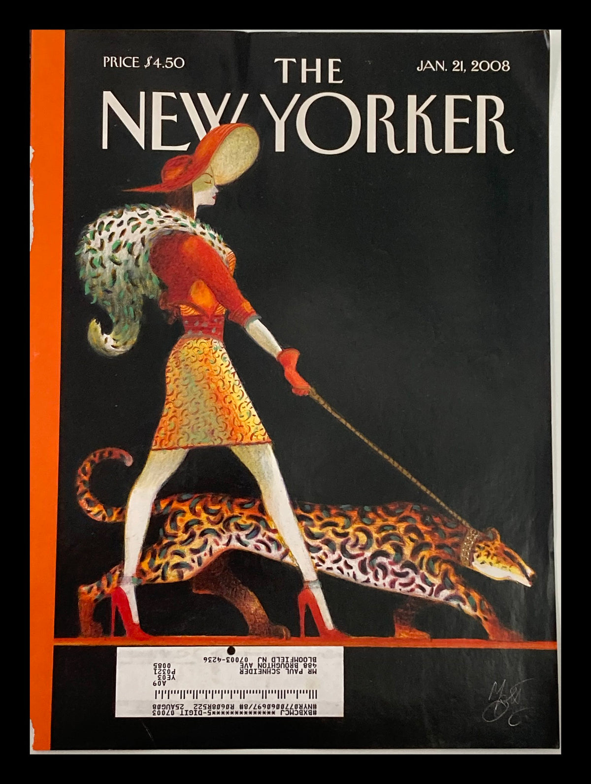 Cover of The New Yorker magazine dated January 21, 2008, showcasing the artwork 'On The Prowl' by Lorenzo Mattotti featuring a stylish woman with a leopard print coat walking a leopard.