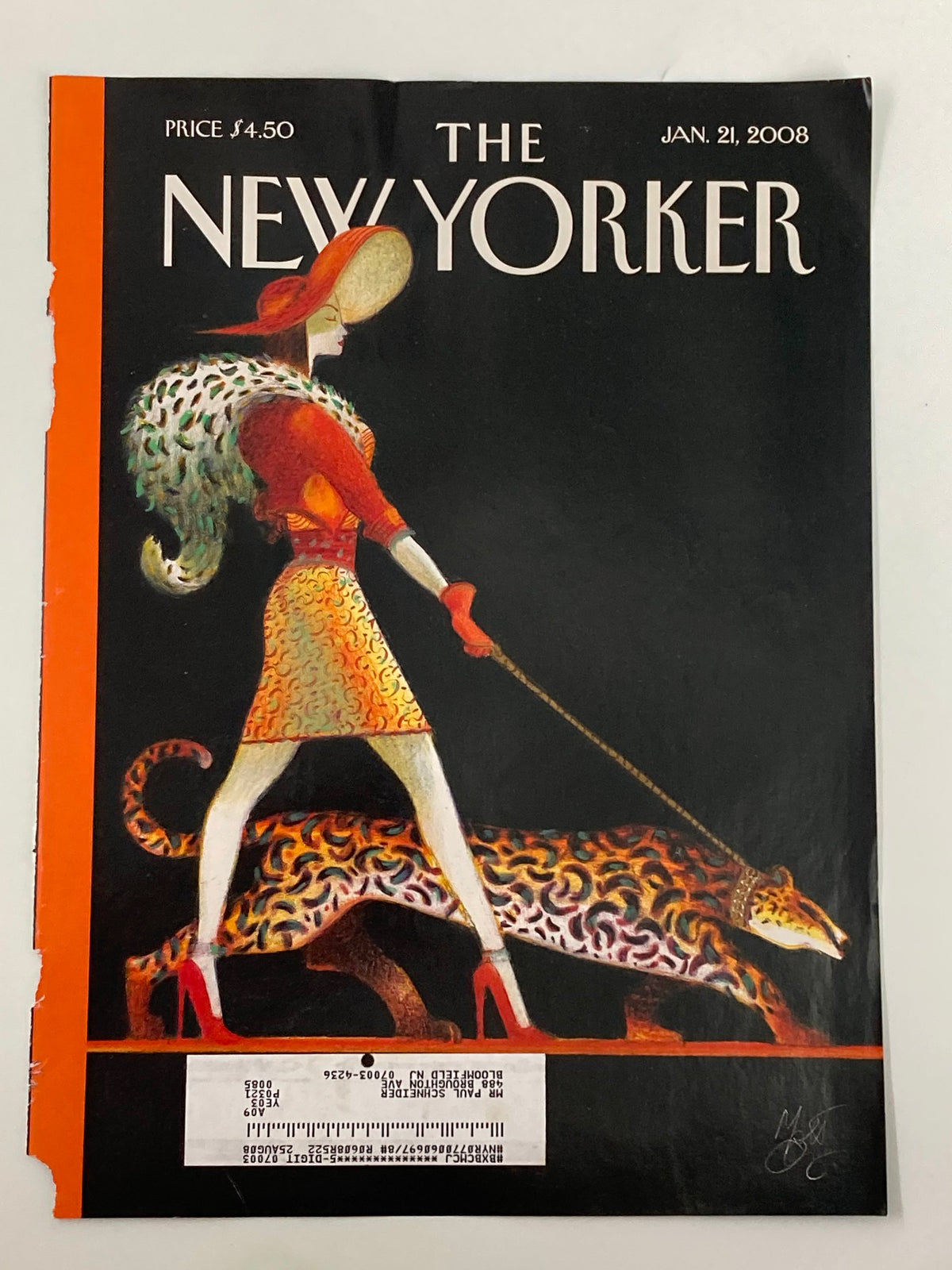 The New Yorker magazine cover from January 21, 2008, illustrated by Lorenzo Mattotti, depicting a fashionable woman in red high heels walking a leopard, titled 'On The Prowl'.