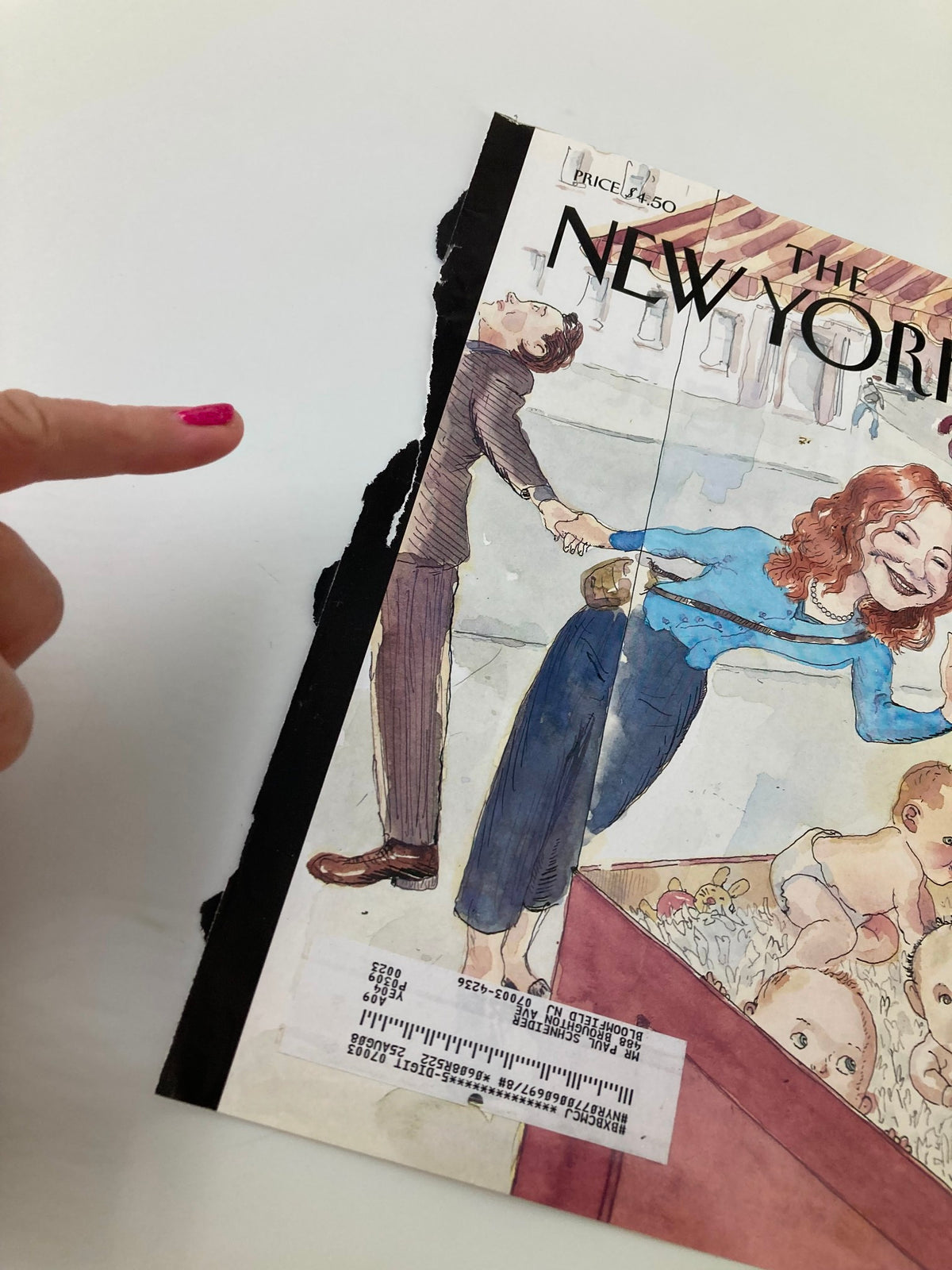 Close-up of The New Yorker May 5 2008 Mother's Day Special cover by Barry Blitt, highlighting the character details and the wear of the magazine.