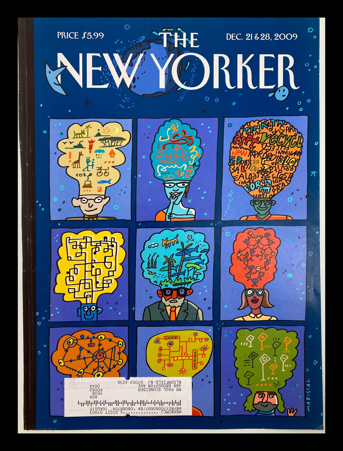 COVER ONLY The New Yorker December 21 & 28 2009 New Worlds by Javier Mariscal featuring colorful illustrations of characters with imaginative, brain-like designs.