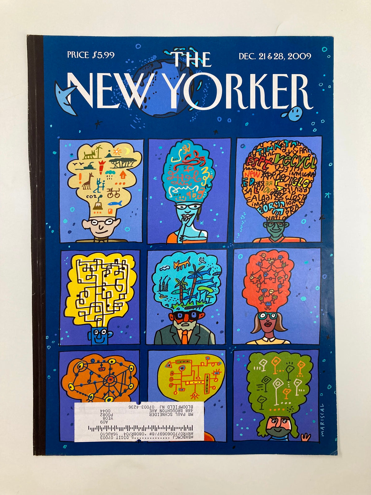 COVER ONLY The New Yorker December 21 & 28 2009 New Worlds by Javier Mariscal showcasing a vibrant collage of quirky characters with unique thought bubble designs.