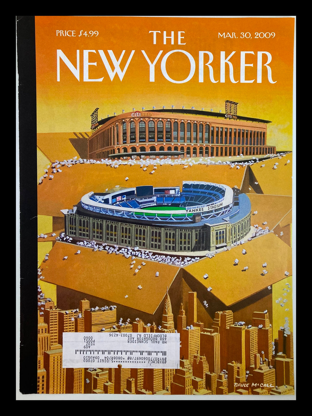 COVER ONLY The New Yorker March 30 2009 Opening Day by Bruce McCall, featuring an artistic illustration of iconic baseball stadiums and a vibrant skyline, perfect for framing as a collectible.