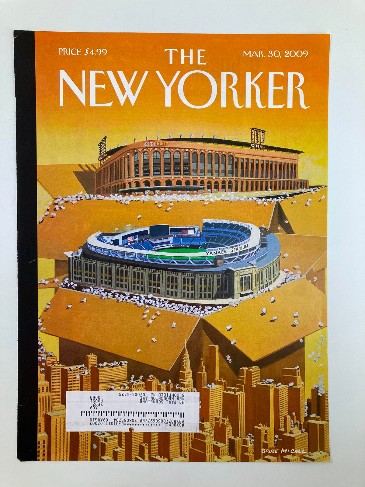 COVER ONLY The New Yorker March 30 2009 Opening Day by Bruce McCall, showcasing colorful artwork of baseball stadiums, symbolizing the excitement of Opening Day, ideal for collectors.