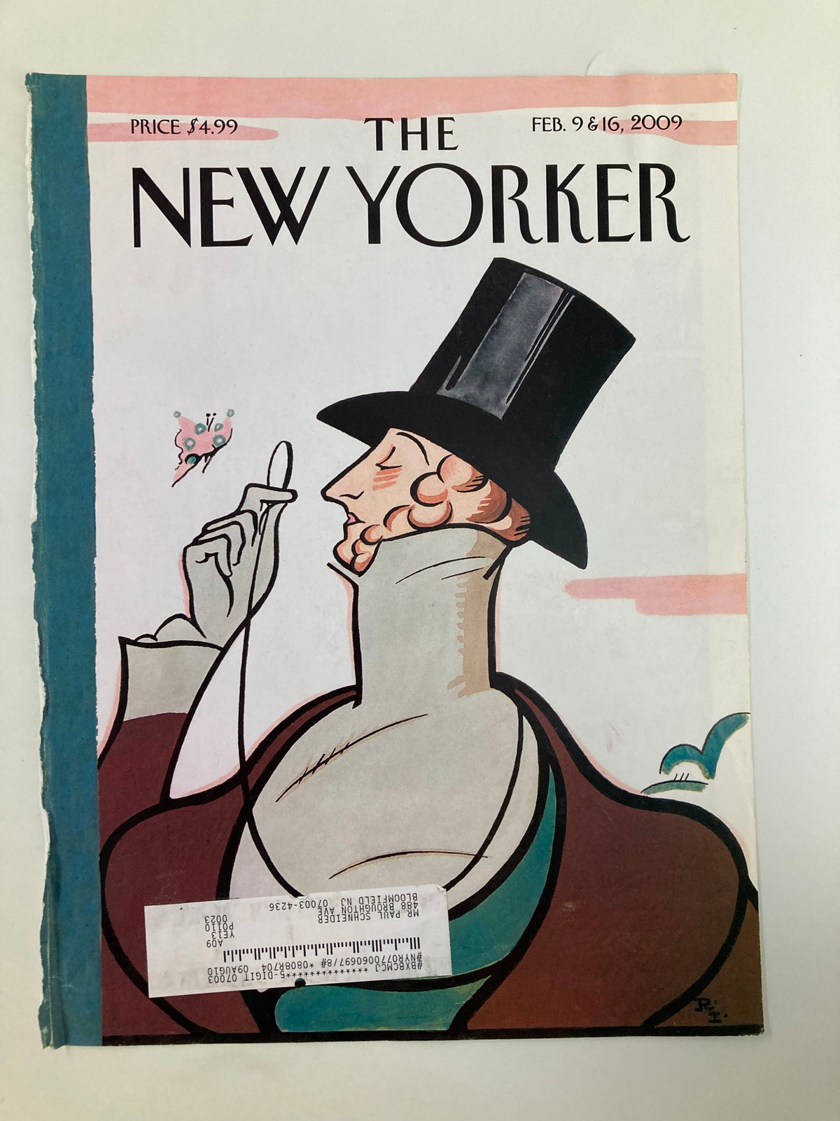 Cover of The New Yorker February 9 & 16, 2009 featuring the iconic Eustace Tilley illustration by Rea Irvin, showcasing a whimsical character in a top hat.
