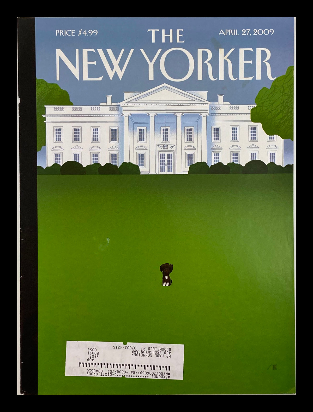 COVER ONLY The New Yorker April 27 2009 Theme Cover 'Bo,' by Bob Staake, featuring a whimsical illustration of a dog at the White House with a vibrant green lawn.
