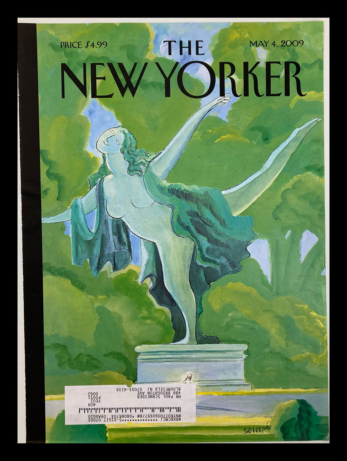Cover of The New Yorker from May 4, 2009 featuring the artwork 'Power and Grace' by Jean-Jacques Sempe, showcasing a graceful statue in a lush green setting.