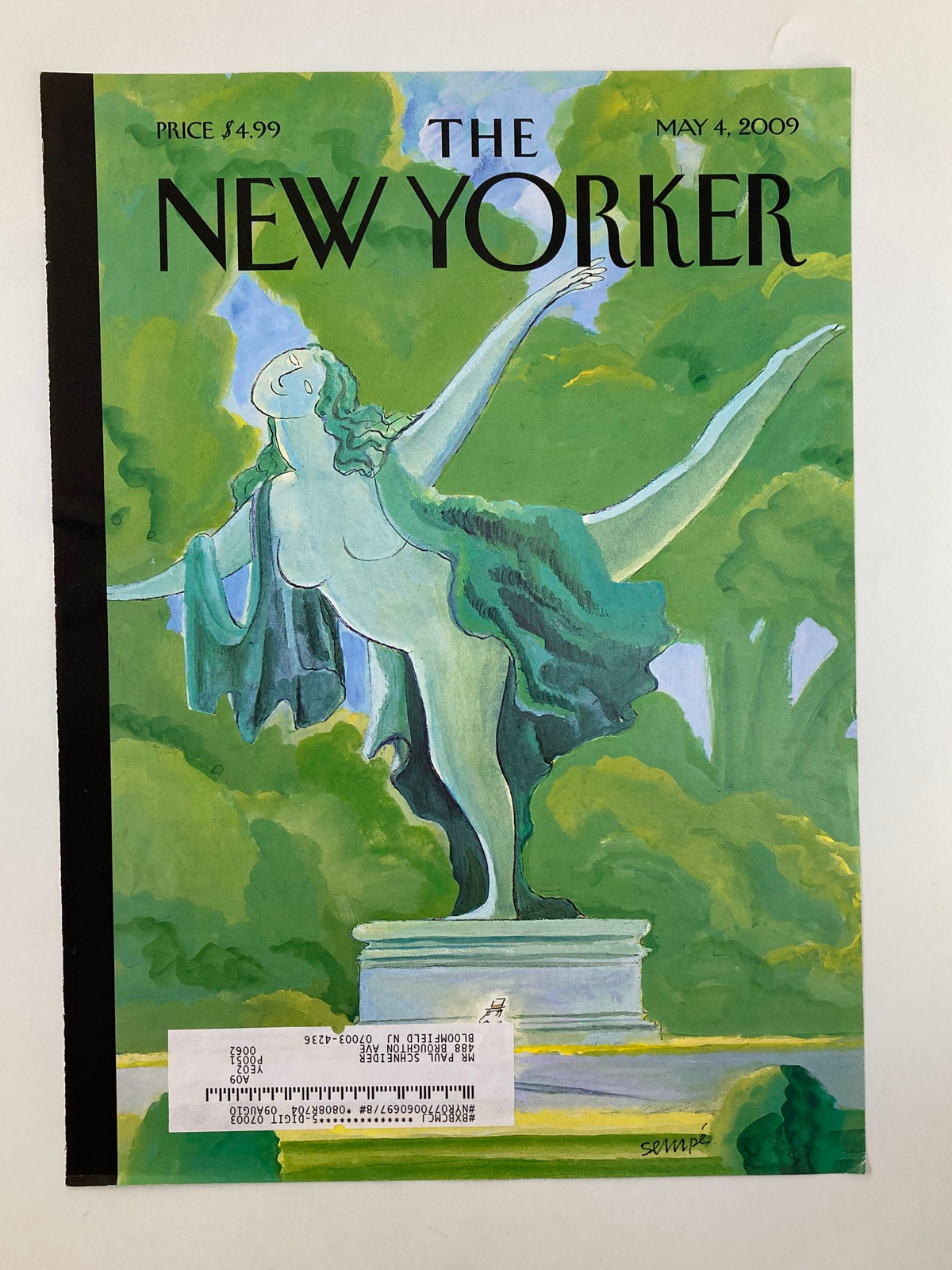 Cover of The New Yorker May 4, 2009, highlighting the 'Power and Grace' illustration by Jean-Jacques Sempe, depicting an elegant dancer statue surrounded by vibrant greenery.