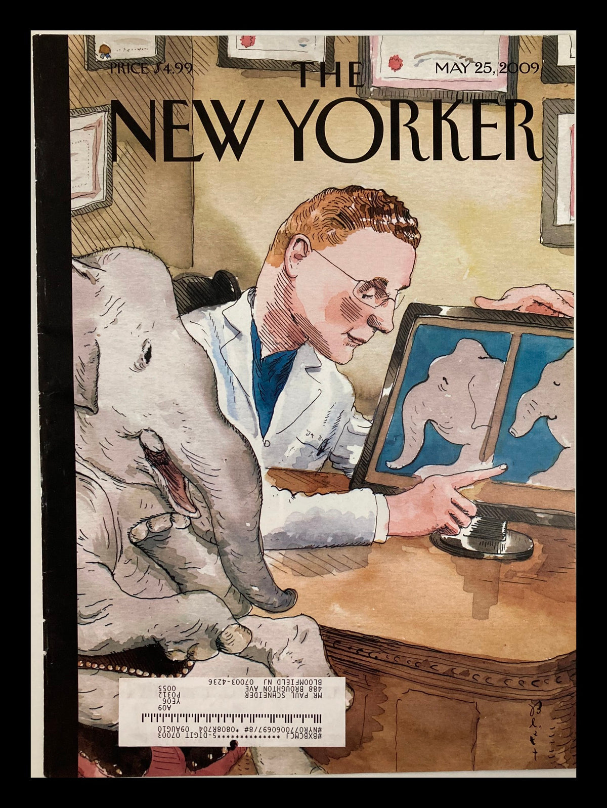 The New Yorker cover from May 25, 2009 titled 'Nip and Tuck' by Barry Blitt, featuring a veterinarian examining an elephant's image on a display, showcasing the magazine's signature humor.