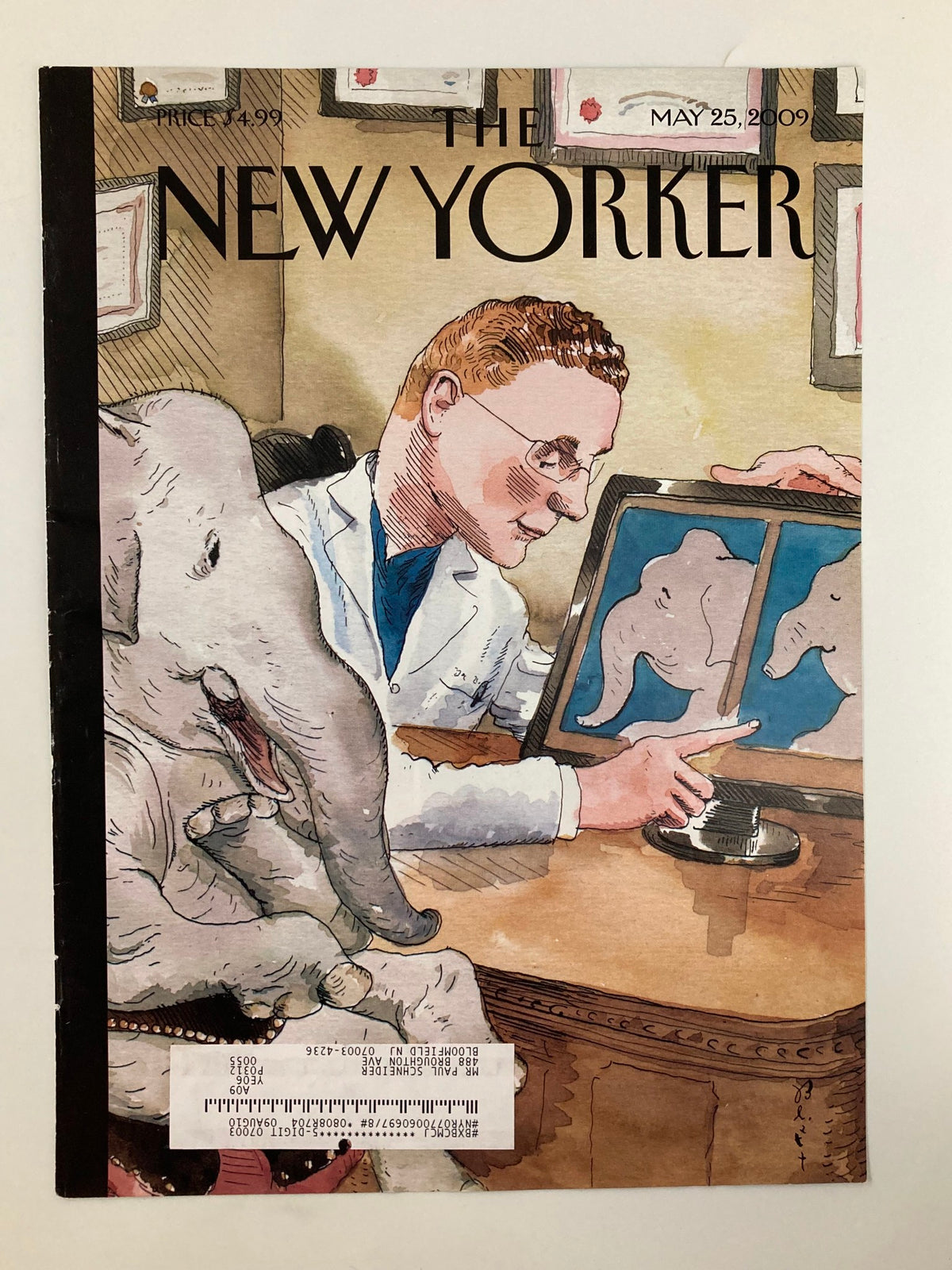 The New Yorker cover dated May 25, 2009, titled 'Nip and Tuck' by Barry Blitt, depicting a doctor reviewing elephant images with a playful artistic style, highlighting the magazine's wit.