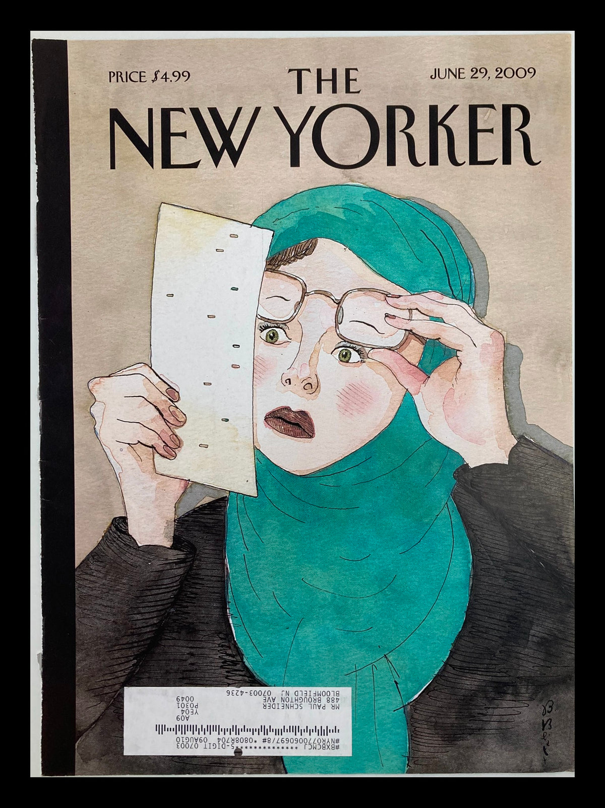 Cover art of The New Yorker dated June 29, 2009, featuring the illustration 'Hanging Chador' by Barry Blitt, depicting a woman in a teal hijab looking surprised while holding a piece of paper.