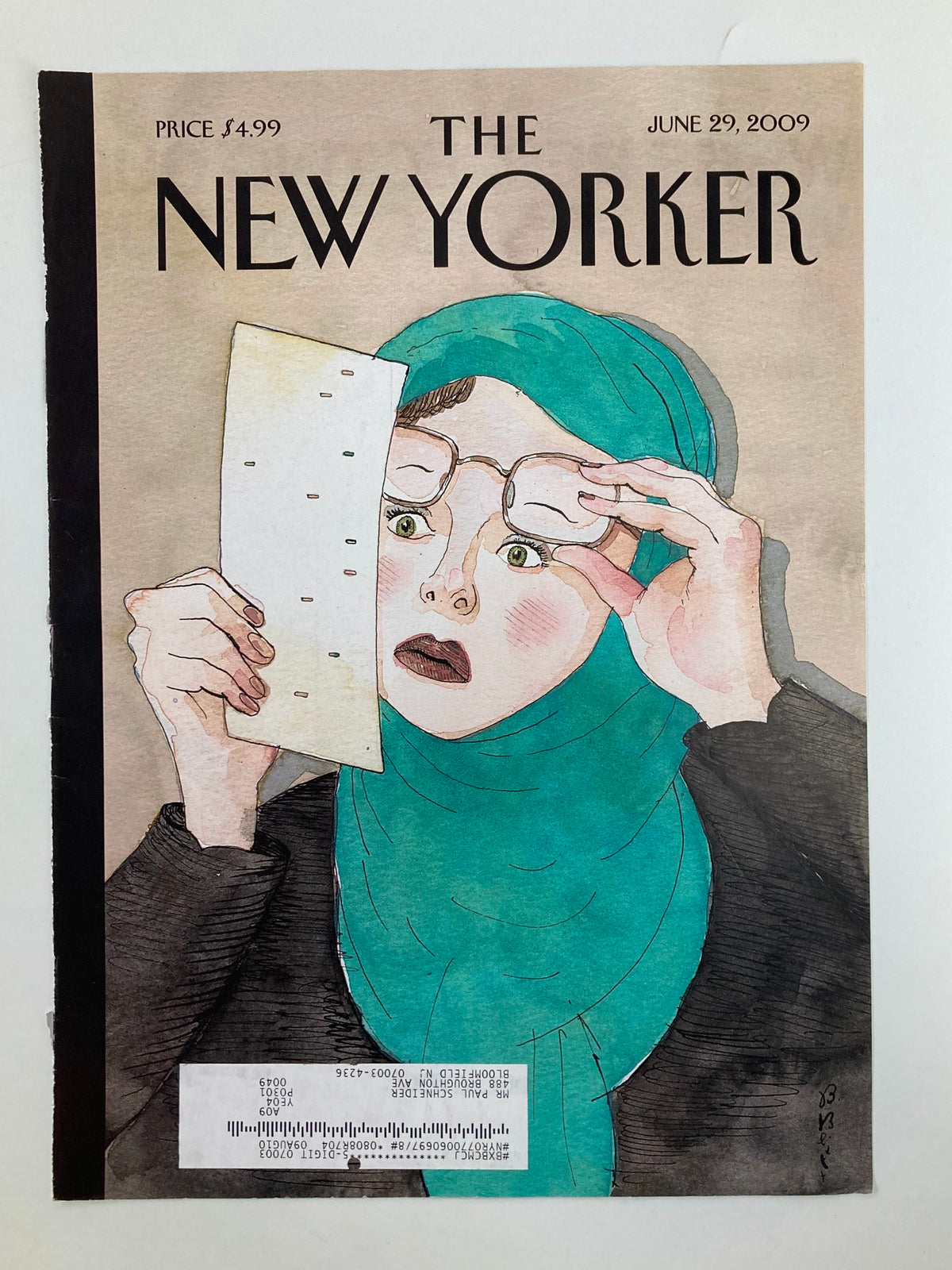 Cover of The New Yorker from June 29, 2009, showcasing the 'Hanging Chador' illustration by Barry Blitt, illustrating a woman in a hijab with glasses, expressing astonishment while examining a piece of paper.