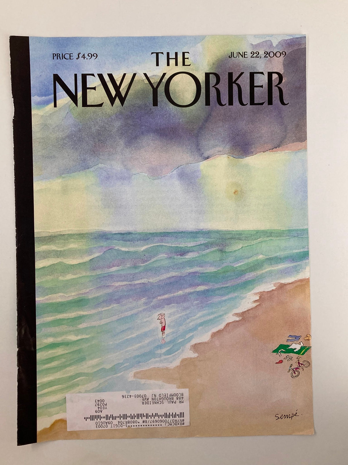The New Yorker June 22 2009 cover showcasing Jean-Jacques Sempé's illustration of a tranquil seaside landscape with gentle waves and a person enjoying the beach.