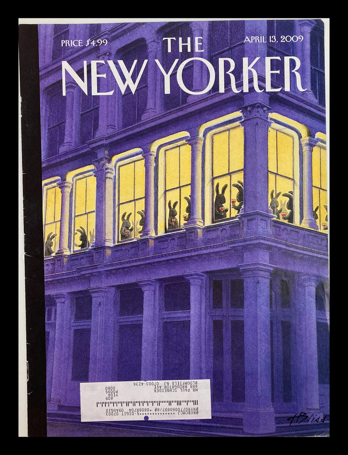 COVER ONLY The New Yorker April 13 2009 Bunny Get-Together by Harry Bliss showcasing whimsical bunnies through windows with a purple and yellow color palette.