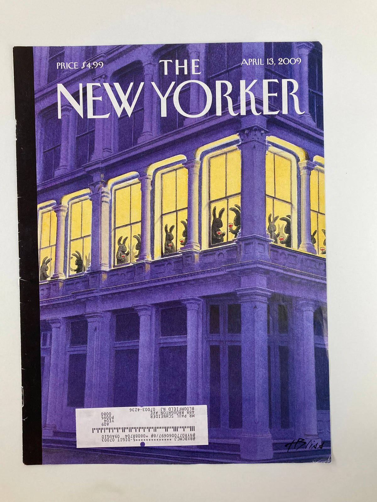 COVER ONLY The New Yorker April 13 2009 Bunny Get-Together by Harry Bliss featuring charming rabbits illuminated in windows against a soft purple background.