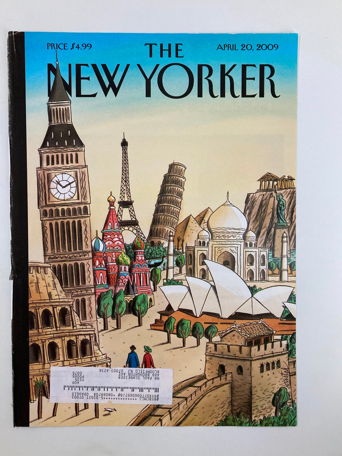 COVER ONLY The New Yorker April 20 2009, displaying the artwork 'Wonders of the World' by J. de Loustal, depicting iconic structures and landscapes from various countries.