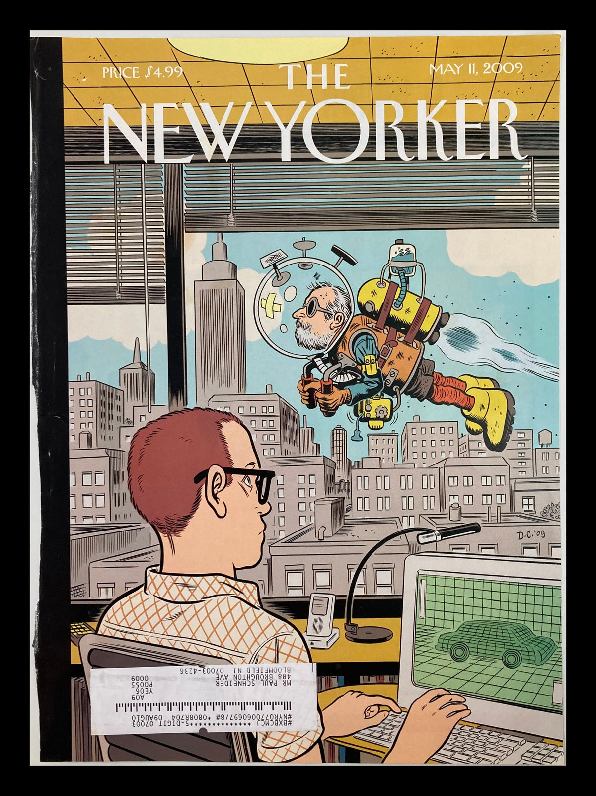 Cover of The New Yorker magazine from May 11, 2009, featuring the illustration 'Leading the Way' by Dan Clowes, depicting a man at a computer with a whimsical scene outside the window.
