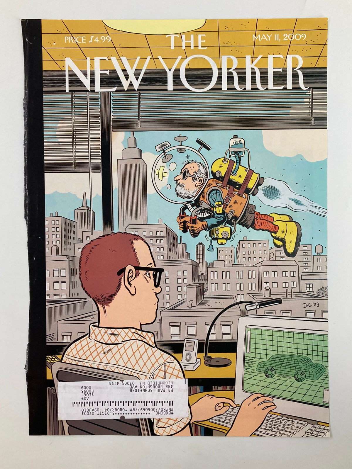Front cover of The New Yorker dated May 11, 2009, showcasing the artwork 'Leading the Way' by Dan Clowes, illustrating a character in an astronaut suit flying outside a cityscape.