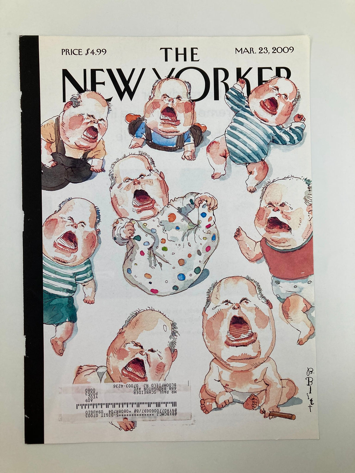 The New Yorker March 23 2009 cover 'OctoRush' by Barry Blitt, showcasing colorful illustrations of playful babies expressing emotion.